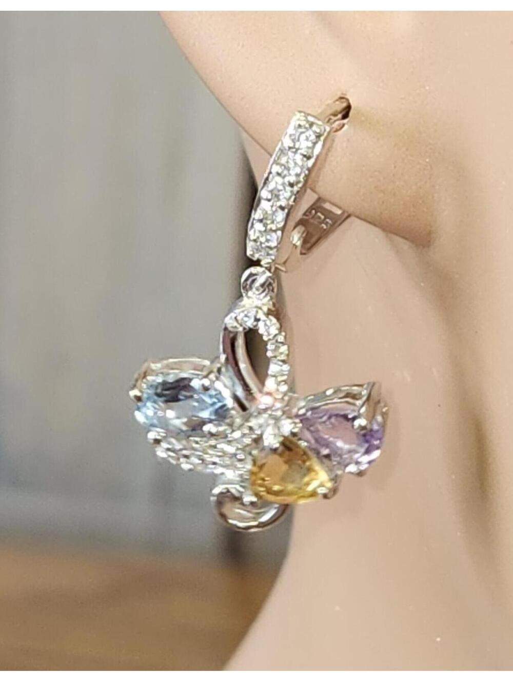 NEW .925 Sterling Silver Amethyst, Citrine, Blue Topaz and CZ Hanging Earrings